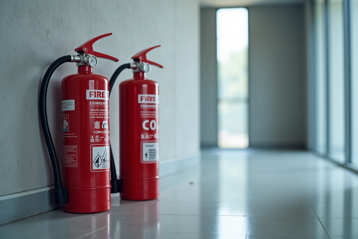 Comparaison de deux extincteurs en couloir de bureau montrant les pictogrammes de compatibilité feux électriques sur les étiquettes
