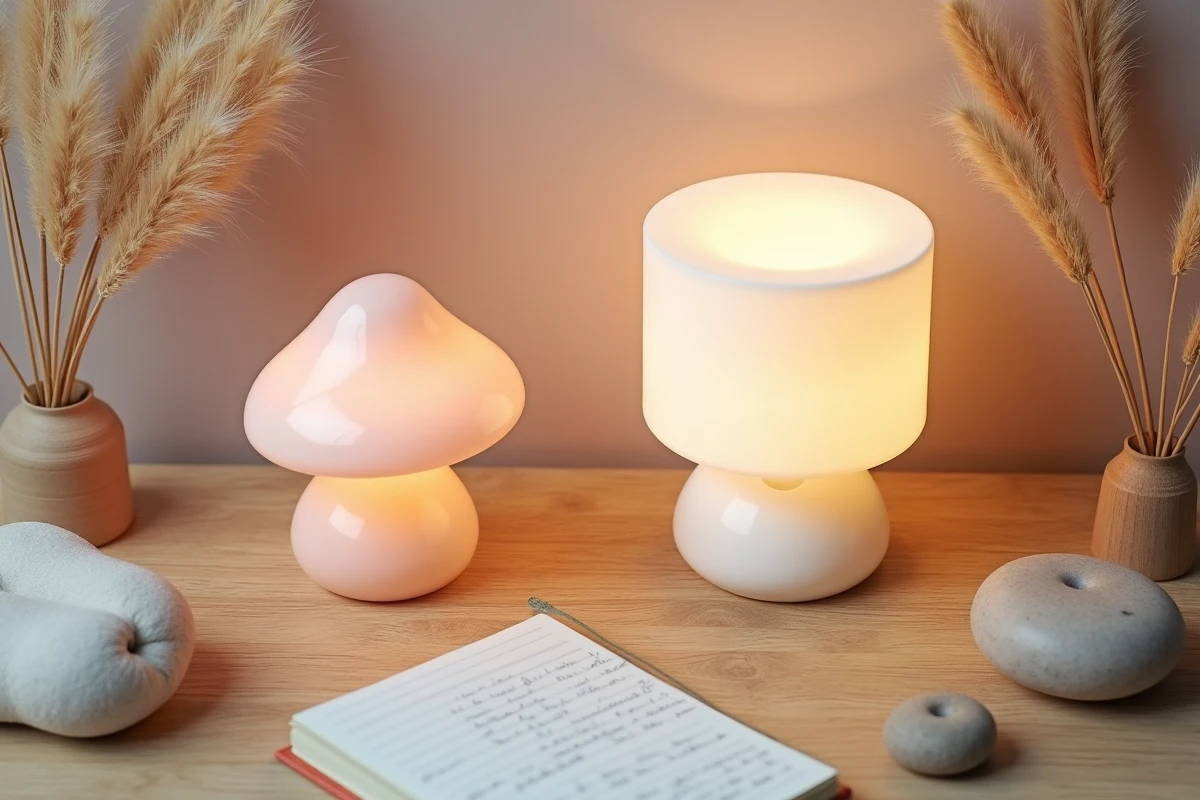 Comparaison vue du dessus entre une lampe champignon et une veilleuse classique sur un fond en bois clair avec des accessoires naturels