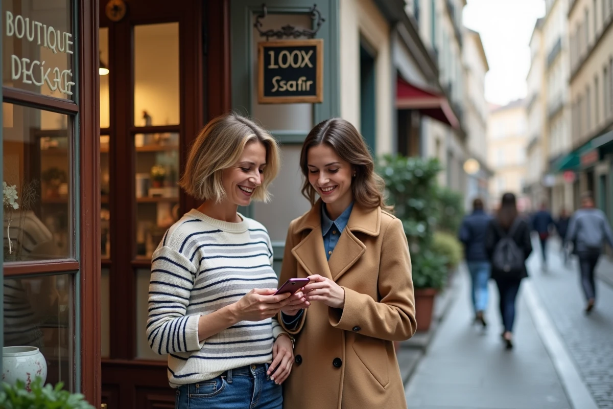 Deux femmes comparant des produits de décoration sur smartphone devant la vitrine d'un magasin de décoration dans le quartier de la Croix-Rousse à Lyon