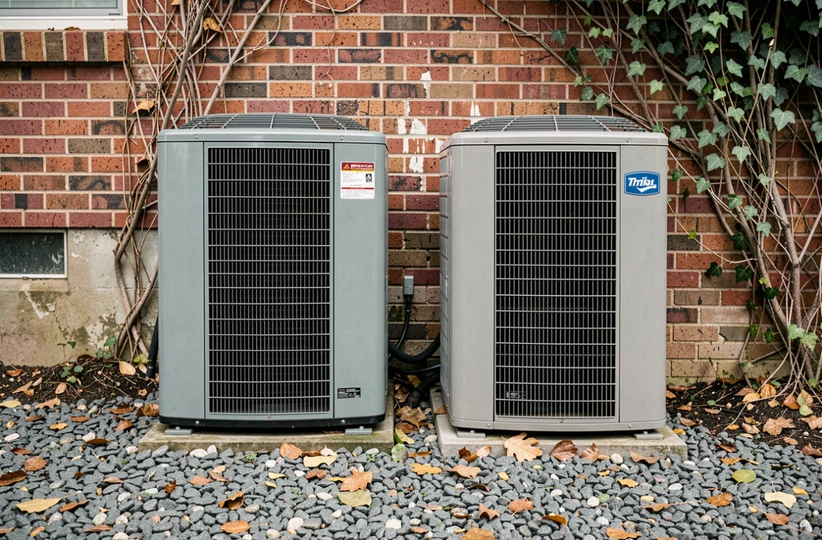 Comparaison de deux unités extérieures de pompes à chaleur de marques différentes installées sur un lit de gravier derrière une maison
