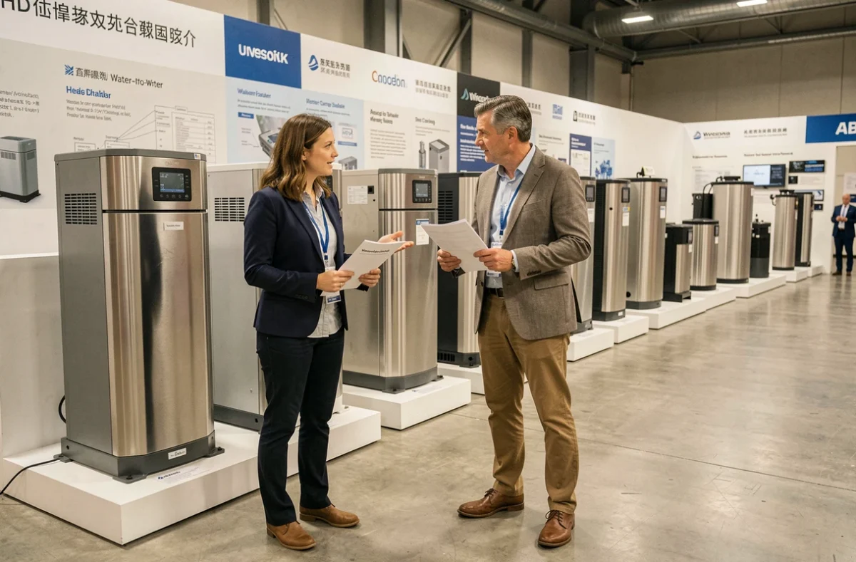 Deux ingénieurs comparant des modèles de pompes à chaleur eau-eau lors d'un salon professionnel
