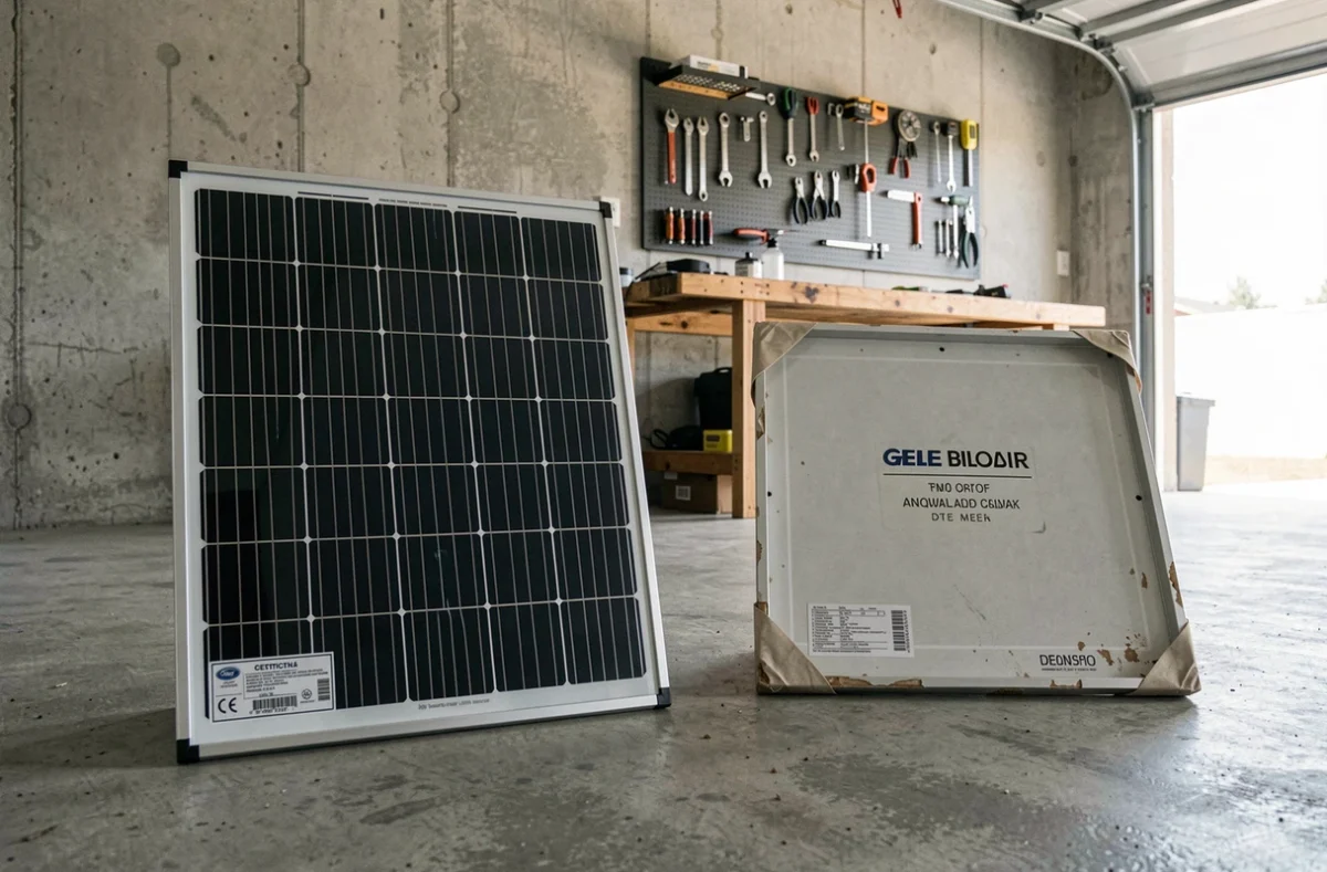 Comparaison côte à côte d'un panneau solaire certifié de qualité et d'un panneau solaire discount générique sans certification, posés sur le sol d'un garage