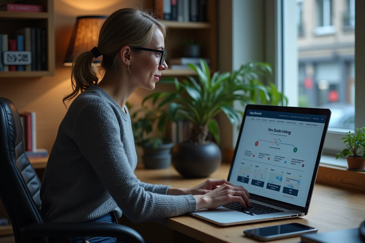Femme comparant des plateformes de mise en relation avec des électriciens artisans sur un ordinateur portable à son bureau à domicile