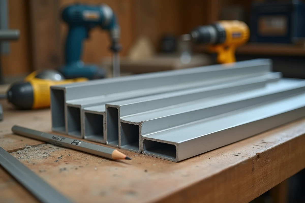 Plusieurs cornières en aluminium de différentes tailles alignées sur un établi d'atelier avec un mètre ruban