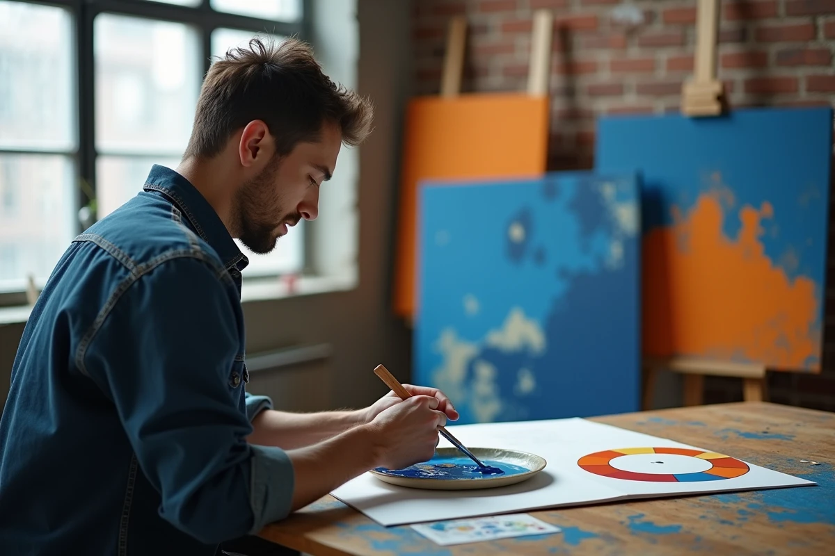 Artiste peintre en chemise bleu marine mélangeant des couleurs complémentaires bleu et orange dans un atelier loft