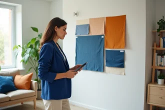 Designer intérieure en veste bleue cobalt étudiant des échantillons de couleurs complémentaires dans un salon lumieux