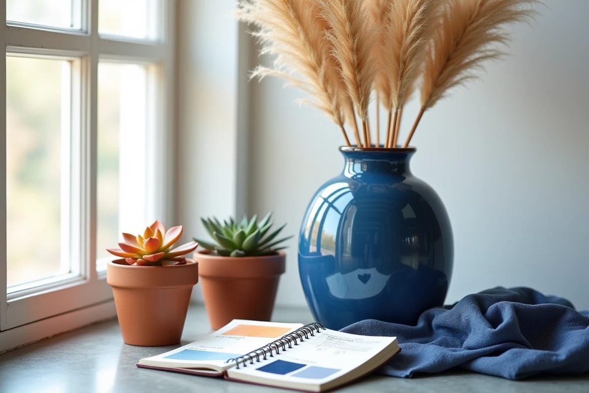Nature morte avec vase en bleu de Prusse, pots en terre cuite et carnet de théorie des couleurs complémentaires