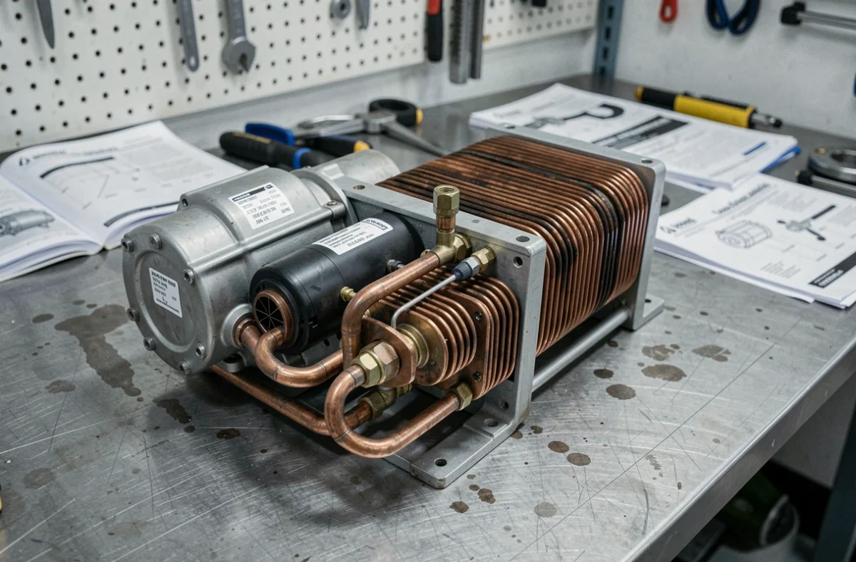 Composants internes d'une pompe à chaleur eau-eau démontée sur un établi d'atelier HVAC