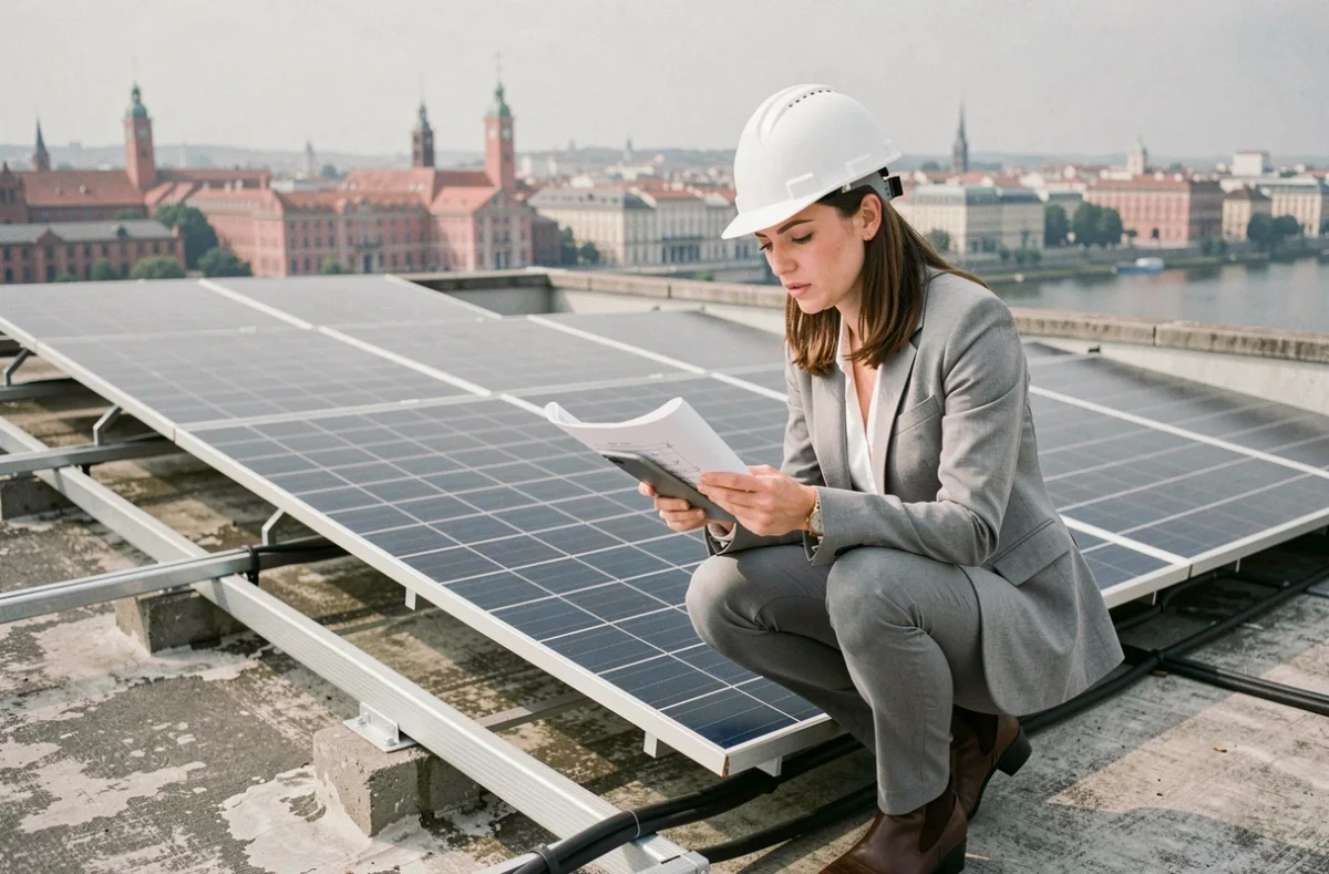 Consultante en énergie solaire vérifiant des plans techniques sur une terrasse avec vue sur les toits de Toulouse
