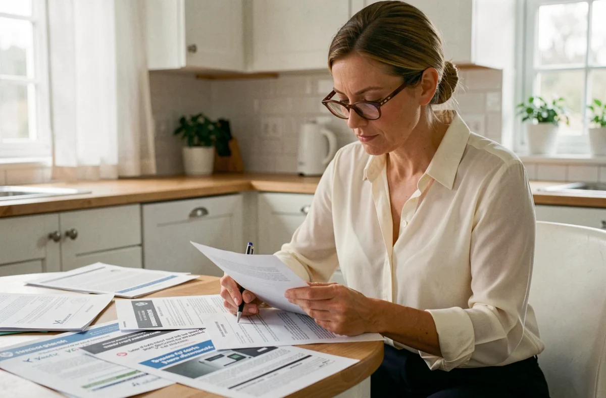Femme lisant attentivement un contrat de garantie pour l'installation d'une pompe à chaleur à la maison