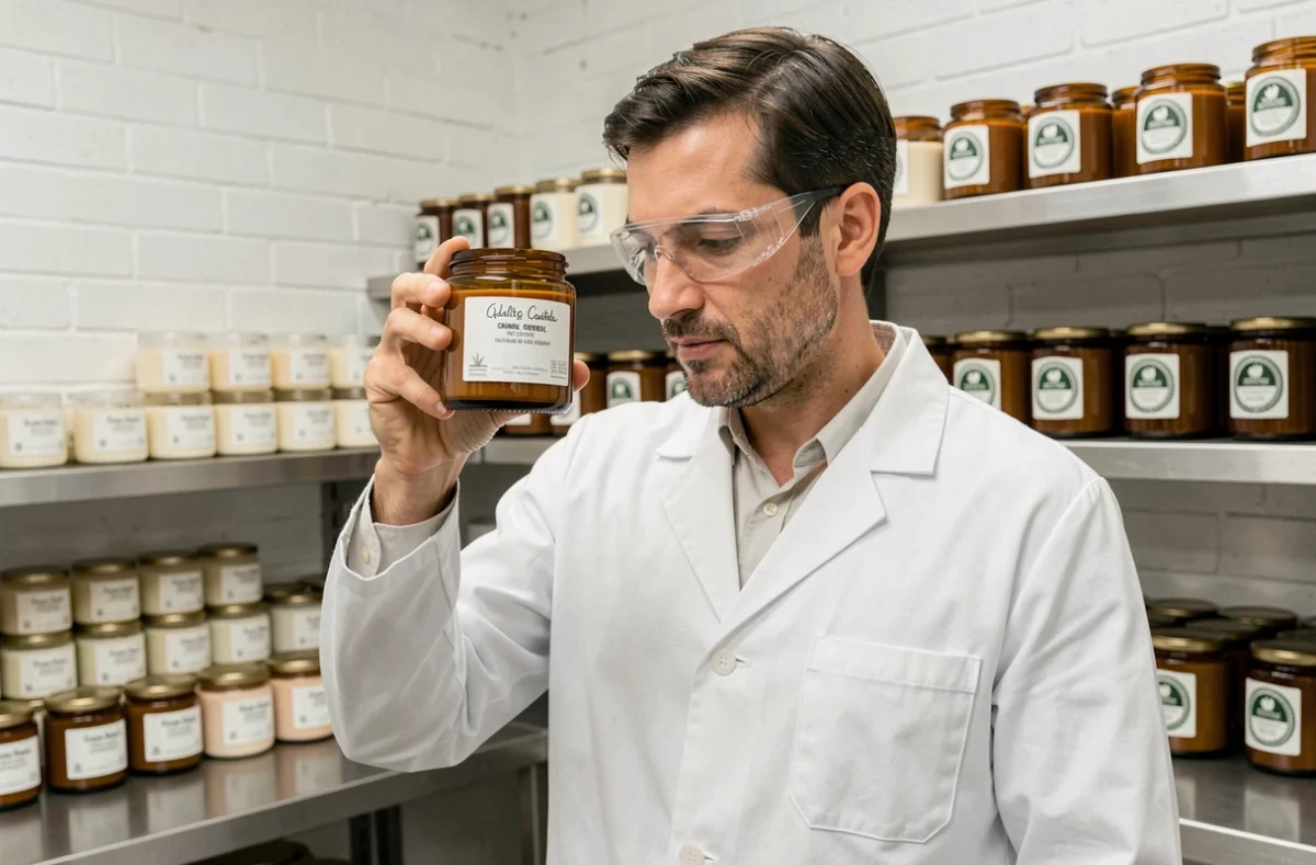 Contrôle qualité d'une bougie biologique certifiée dans un atelier de production artisanale