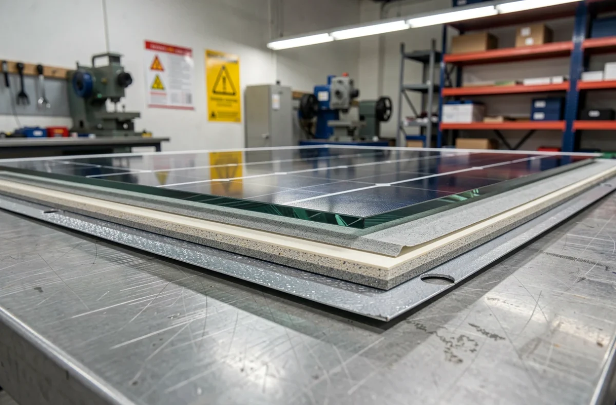 Gros plan sur les couches internes d'un panneau photovoltaïque démonté pour recyclage