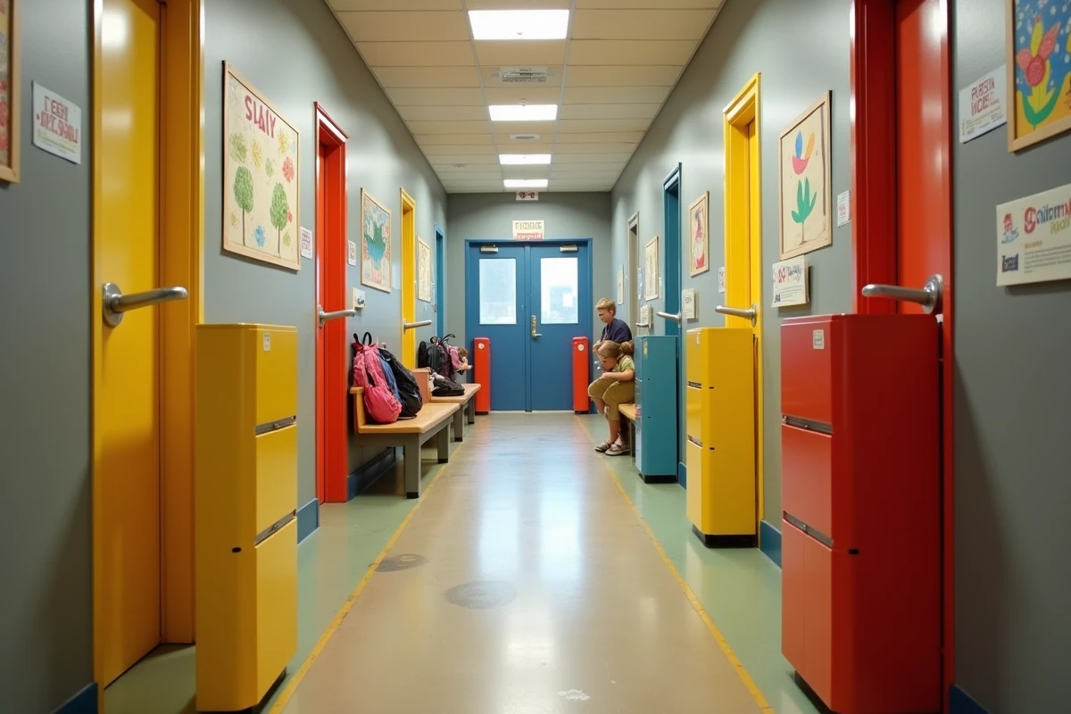 Couloir d'une école maternelle française équipé de plusieurs pinces doigts colorées sur les portes, vue d'ensemble