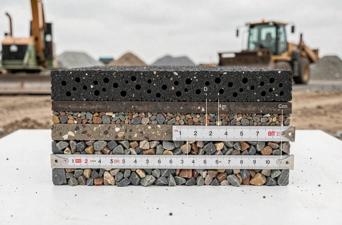 Coupe transversale d'un enrobé drainant montrant les différentes couches et épaisseurs du support, posée sur un chantier de voirie avec granulats visibles