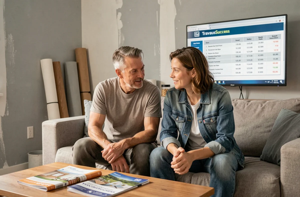 Couple planifiant ensemble leur budget rénovation en consultant les prix de matériaux sur un site en ligne