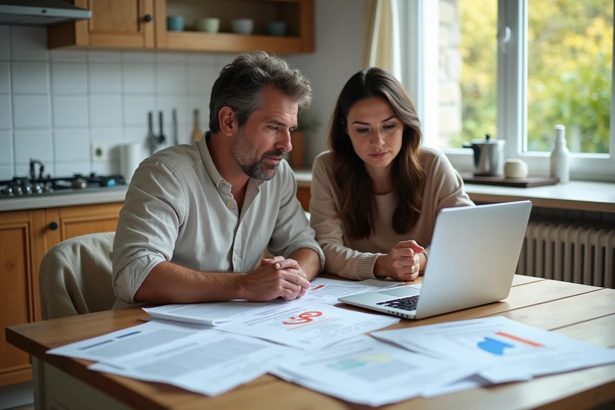 Couple étudiant des devis et un guide en ligne pour leurs travaux de rénovation énergétique à domicile
