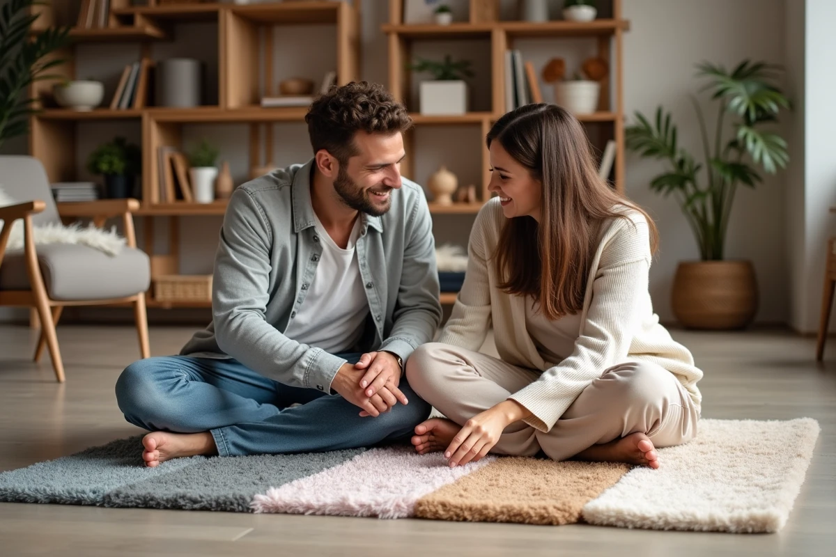 Jeune couple discutant de tapis colorés dans un studio déco