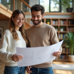 Jeune couple regardant des plans dans un intérieur lumineux