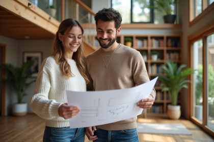 Jeune couple regardant des plans dans un intérieur lumineux