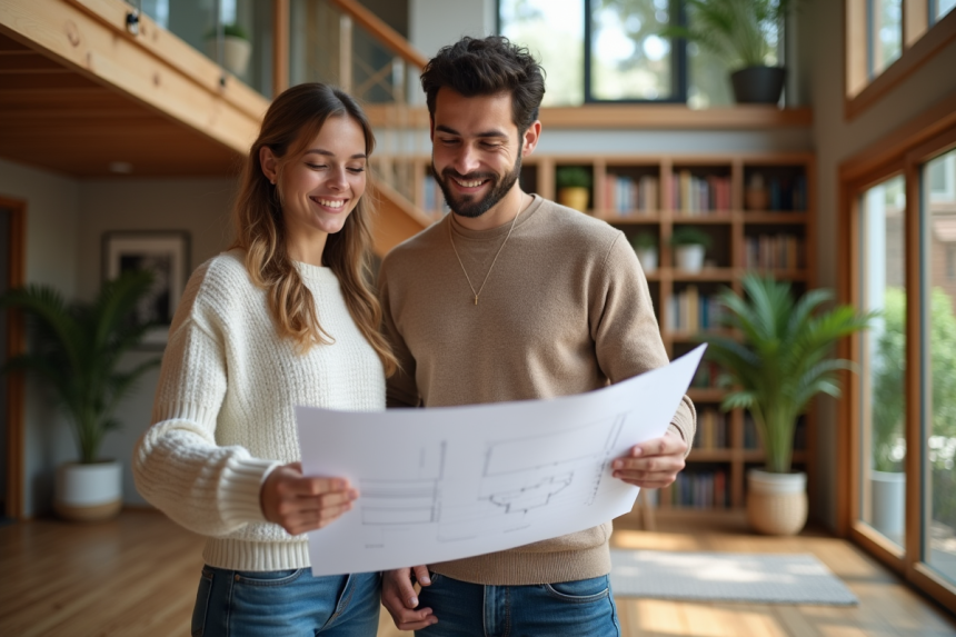 Jeune couple regardant des plans dans un intérieur lumineux