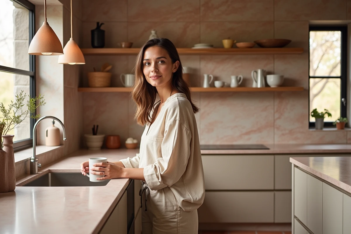 Femme dans une cuisine moderne avec crédence en carreaux de céramique émaillés texturés aux finitions tendance 2026