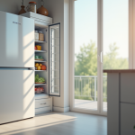 Cuisine moderne avec un freezer blanc entrouvert et nourriture visible