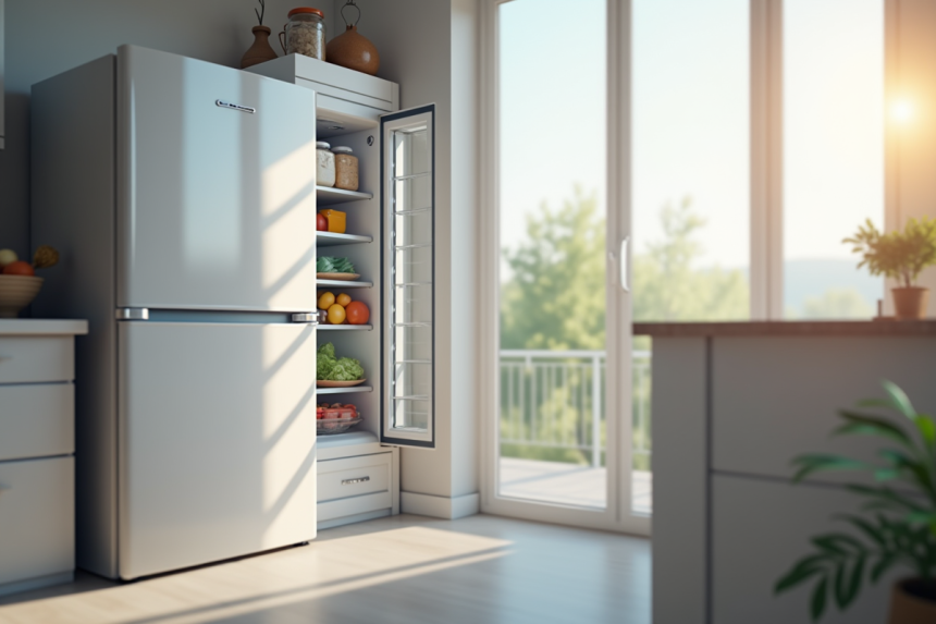 Cuisine moderne avec un freezer blanc entrouvert et nourriture visible