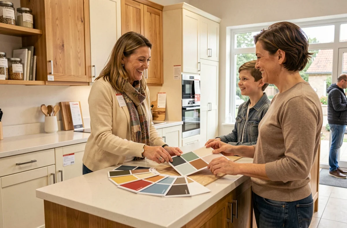 Conseillère cuisine chez Cuisinella Saint-Grégoire aidant un couple à choisir les finitions de leur cuisine crème et chêne