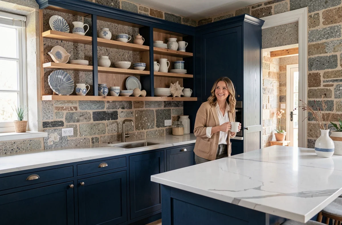 Cuisine bleue style shaker avec comptoir en quartz blanc inspirée du littoral, réalisée par Cuisinella Saint-Malo dans une maison en pierre