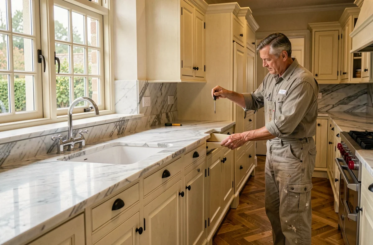 Artisan cuisiniste chez Cuisines Blanchard à Dinard ajustant les finitions d'une cuisine ivoire traditionnelle dans une villa