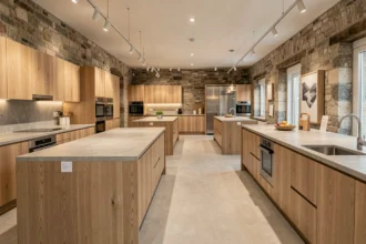 Showroom de cuisinistes en Bretagne présentant plusieurs modèles de cuisines modernes avec des matériaux naturels