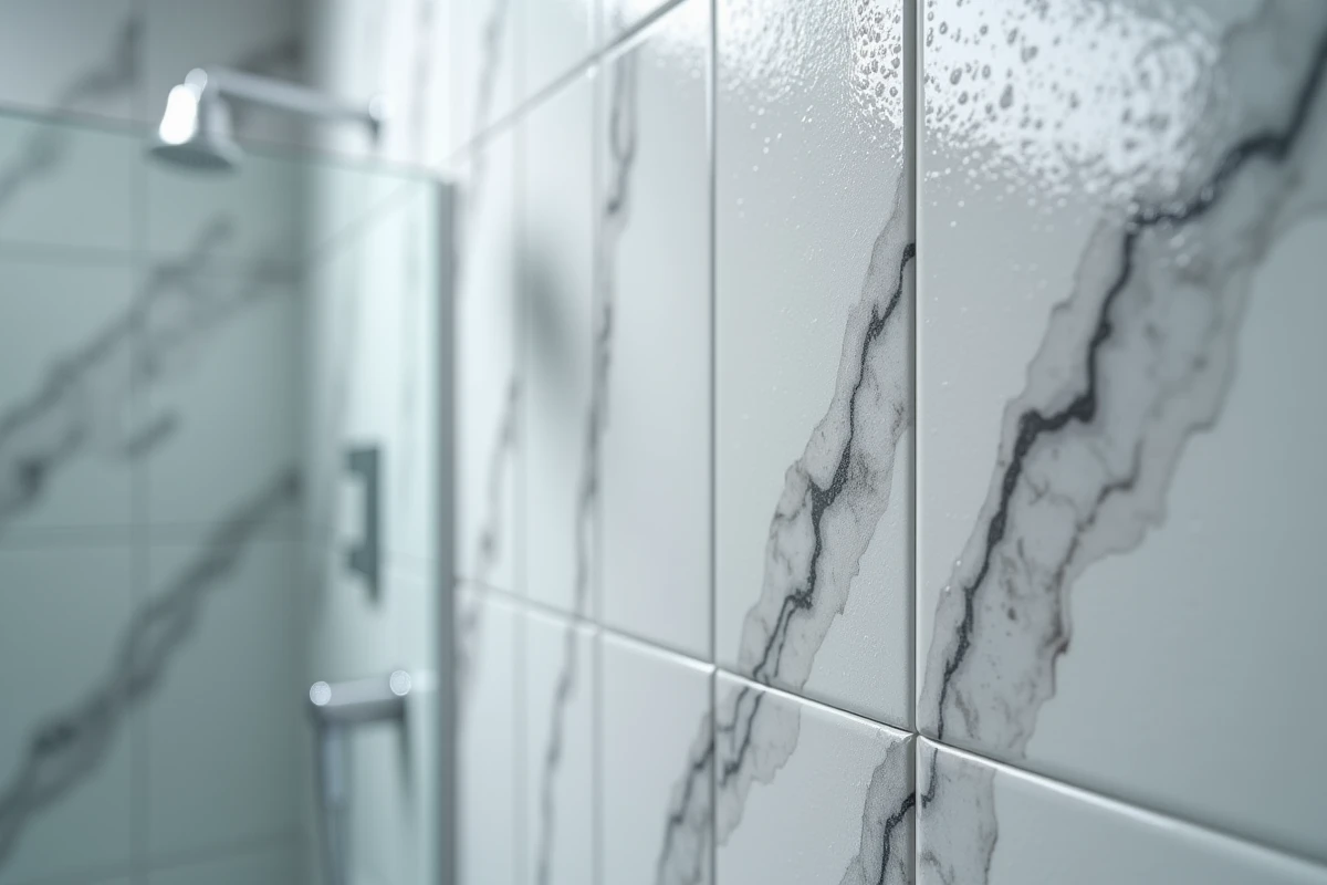 Gros plan sur une dalle murale PVC imitation marbre en salle de bain, texture réaliste avec joints embossés et gouttelettes d'eau visibles