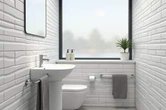 Salle de bain moderne avec dalles murales PVC imitation carrelage blanc métro installées sur les murs, lavabo sur pied et accessoires minimalistes