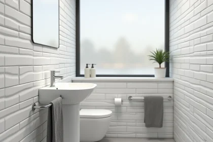 Salle de bain moderne avec dalles murales PVC imitation carrelage blanc métro installées sur les murs, lavabo sur pied et accessoires minimalistes