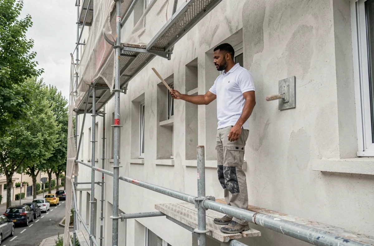 Un maçon de Dar Bat lissant un enduit de façade sur un échafaudage d'un immeuble résidentiel en Île-de-France