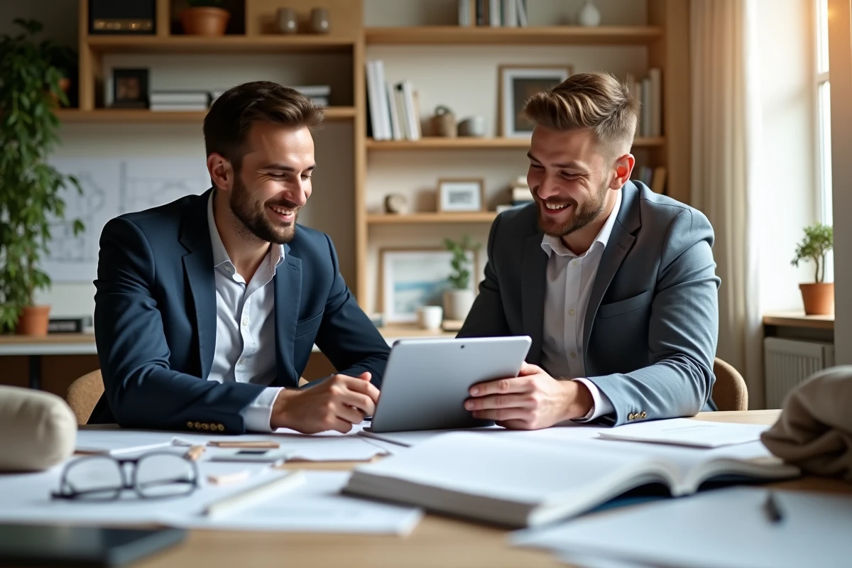 Jeune decorateur discutant projet avec client dans bureau lumineux
