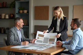 Femme en blazer examinant palette de couleurs avec couple