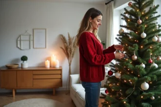 Femme décorant un sapin de Noël dans un salon moderne
