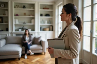 Décoratrice d'intérieur professionnelle présentant des échantillons de tissu à une cliente lors d'une prestation conseil à domicile à Paris