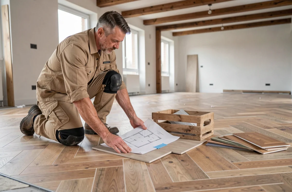 Spécialiste de Décors Parquets posant un carrelage effet bois en chevron dans un salon rénové