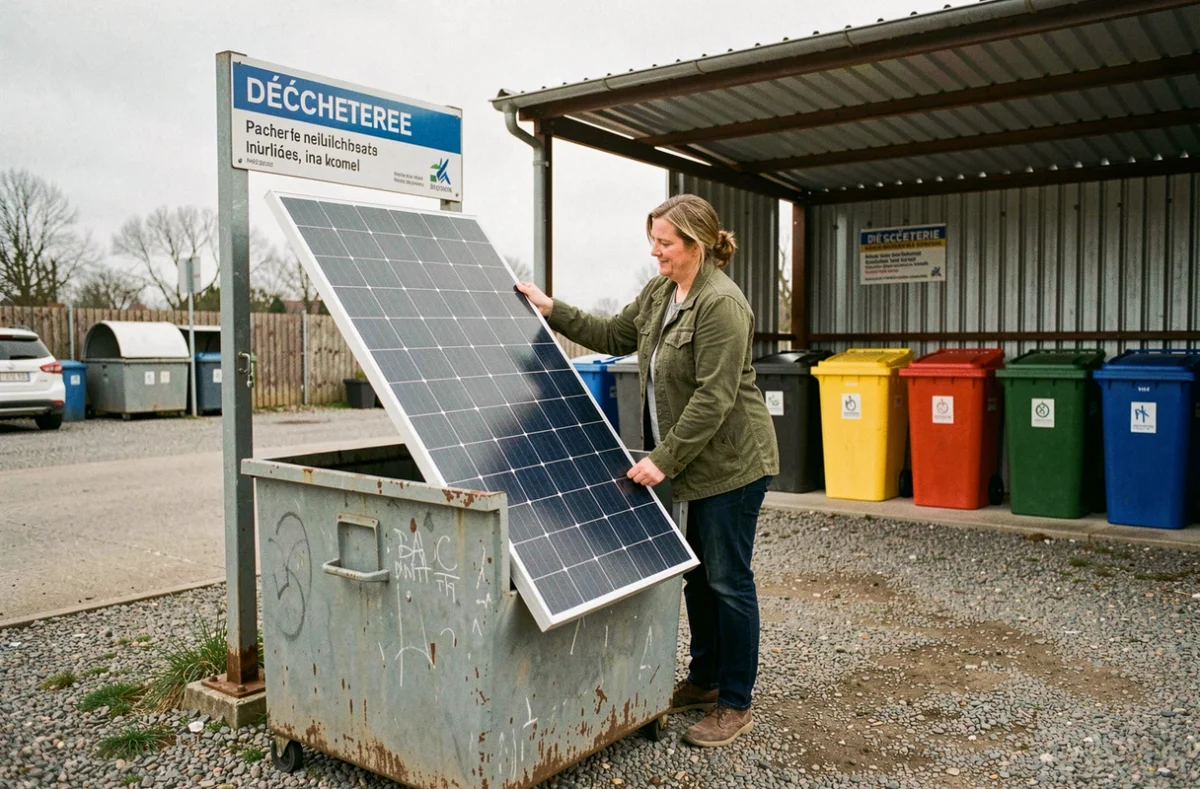 Femme déposant un panneau solaire hors d'usage dans une déchèterie municipale