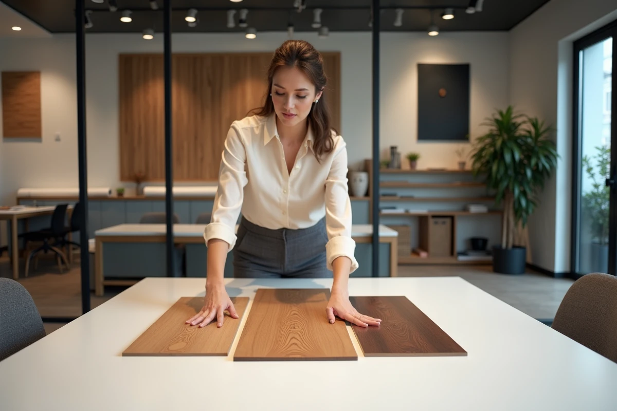 Designer d'intérieur examinant des échantillons de placage bois précieux dans un studio de design contemporain pour un projet d'agencement haut de gamme