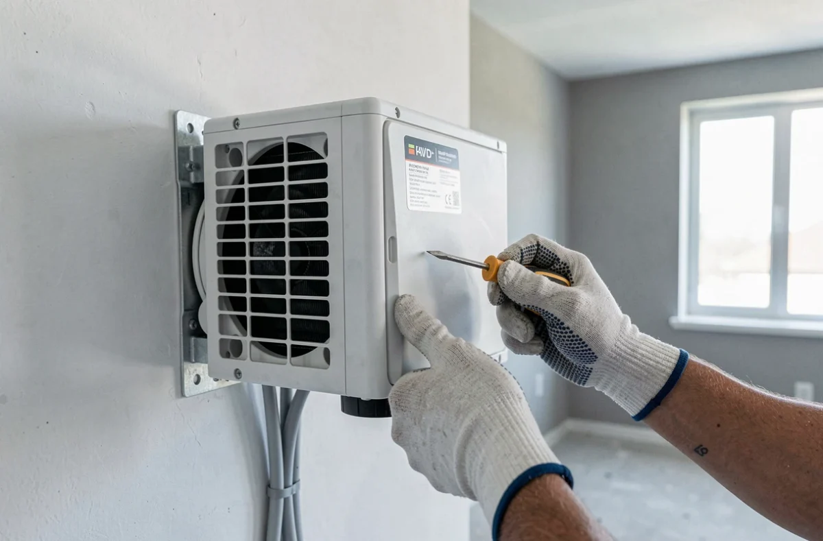 Gros plan sur l'installation d'une pompe à chaleur air-air avec fixation murale et câblage soigné