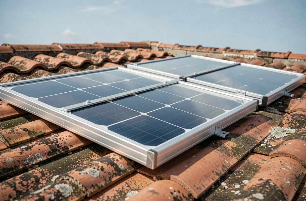 Détail de panneaux solaires monocristallins fixés sur un toit en tuiles de style niçois