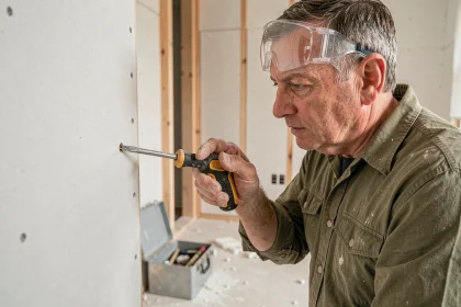 Bricoleur utilisant un tournevis manuel pour dévisser une vis foirée dans une plaque de plâtre lors d'une rénovation intérieure