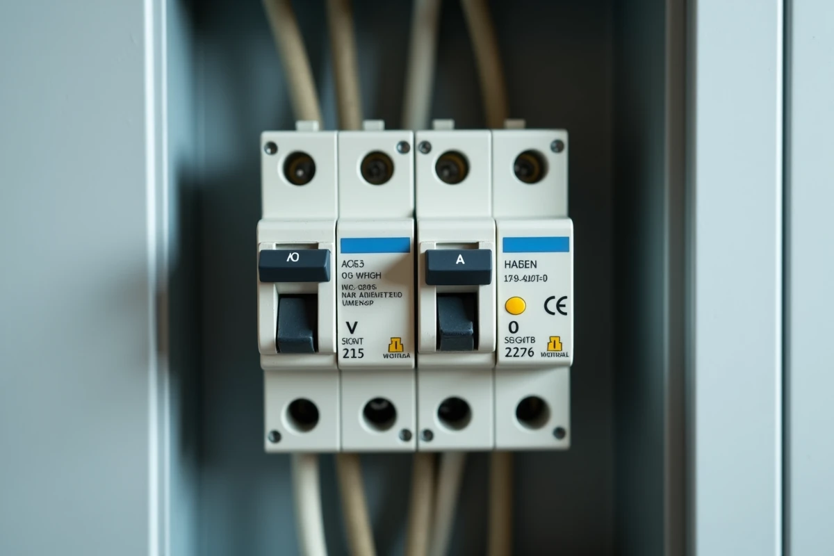 Gros plan sur deux disjoncteurs différentiels type AC et type A installés dans un tableau électrique d'appartement