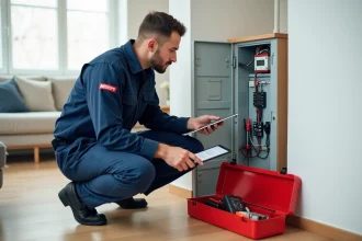 Électricien artisan inspectant un tableau électrique dans un appartement rénové avec une tablette affichant une application de gestion de chantier