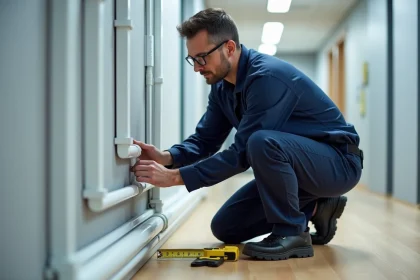 Électricien installant une goulotte en plastique blanche sur le mur d'un bureau moderne
