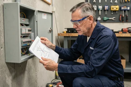 Électricien professionnel analysant un schéma électrique 380V et 220V devant un tableau de distribution dans un atelier domestique
