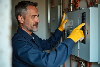 Électricien inspectant un tableau électrique résidentiel avec disjoncteurs différentiels, comparaison type AC et type A